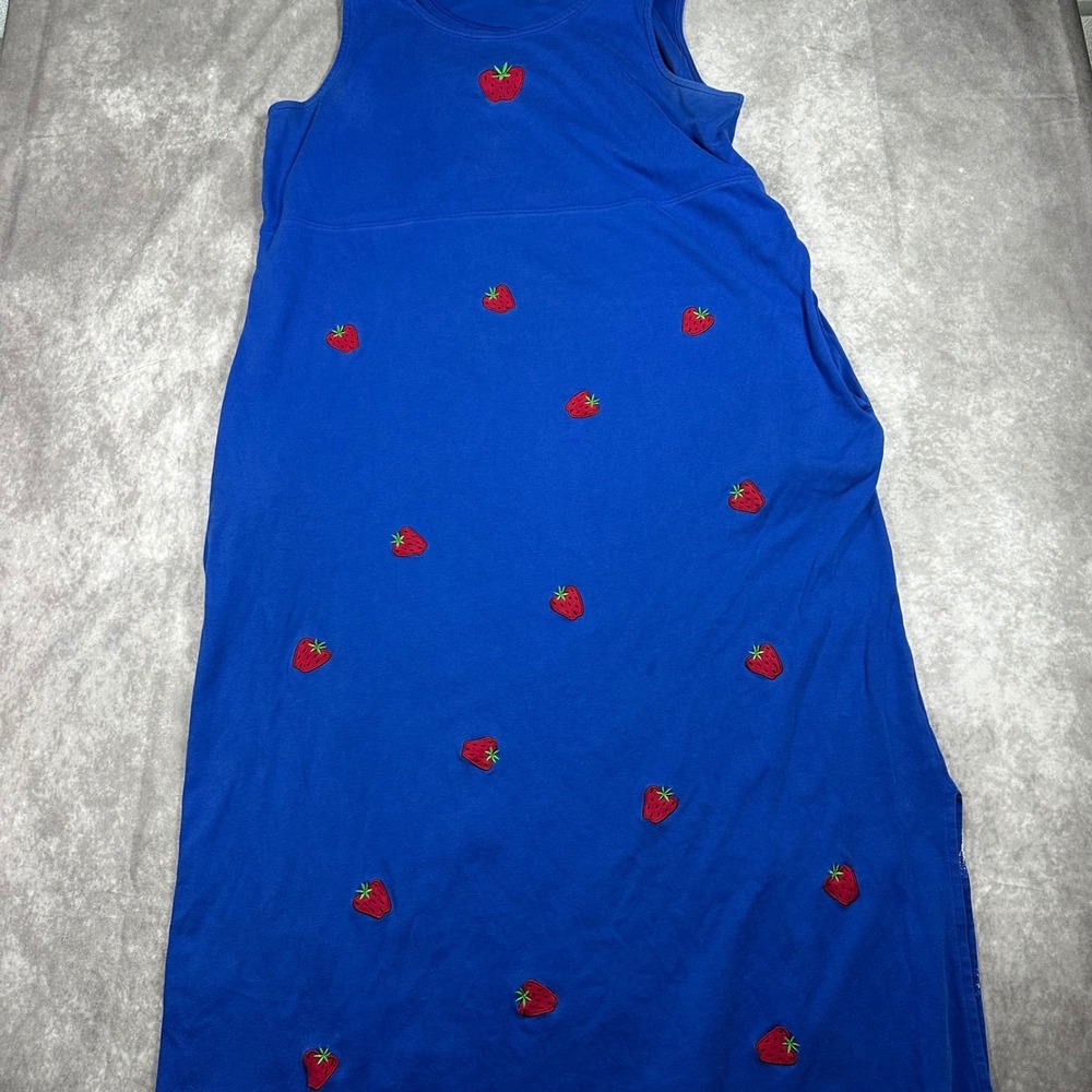 Bechamel Blue Strawberry Embroidered Sleeveless Maxi Dress Pockets XL Boho